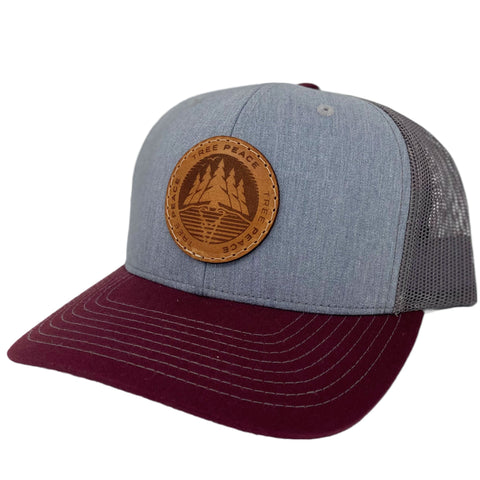 maroon heather gray leather patch hat