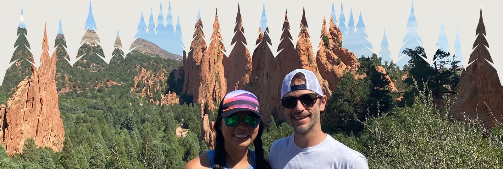 Tree Peace founders Irene Chien and Matt Pratt at Garden of the Gods, framed by tree silhouettes